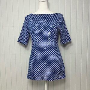 Lauren Ralph Lauren Womens Blue white Elbow Sleeve Knit Boat Neck LRL Top Size M